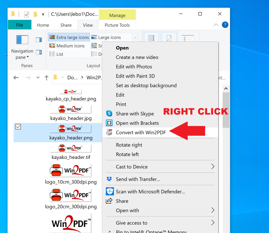 Windows explorer ight-click context menu for Win2PDF