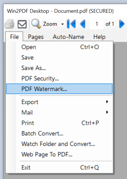 Win2PDF Desktop File Menu Options