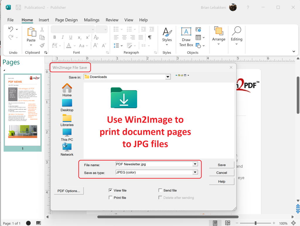 Use Win2Image to print document pages to JPG files